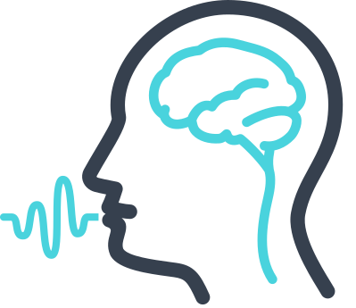 Schematyczny rysunek ludzkiej głowy z widocznym rysunkiem mózgu i dźwiękiem wydobywającym się z ust