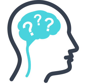 Schematyczny rysunek ludzkiej głowy i mózgu w którym narysowane są trzy znaki zapytania